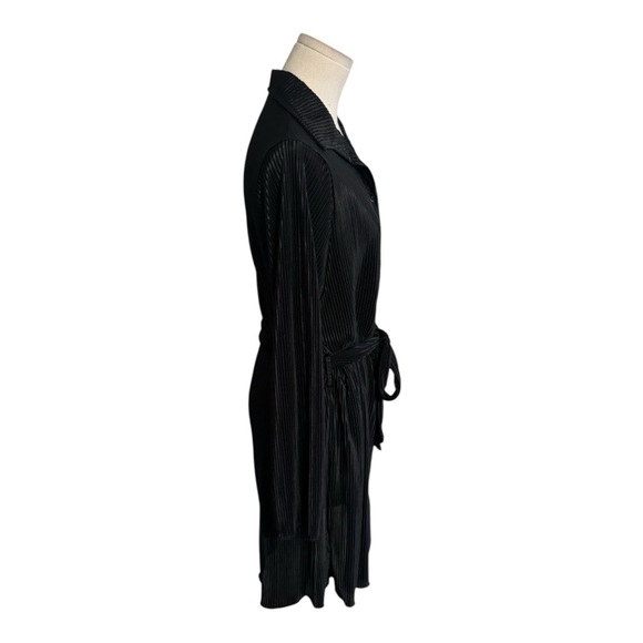 Black Pleated Shirt Dress Button Up Long Sleeve Silky Collar Party Event Bow L - Picture 3 of 7